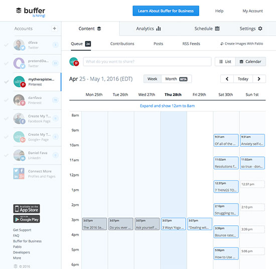 Use a social media scheduler like Buffer to schedule when your therapy blog gets posted