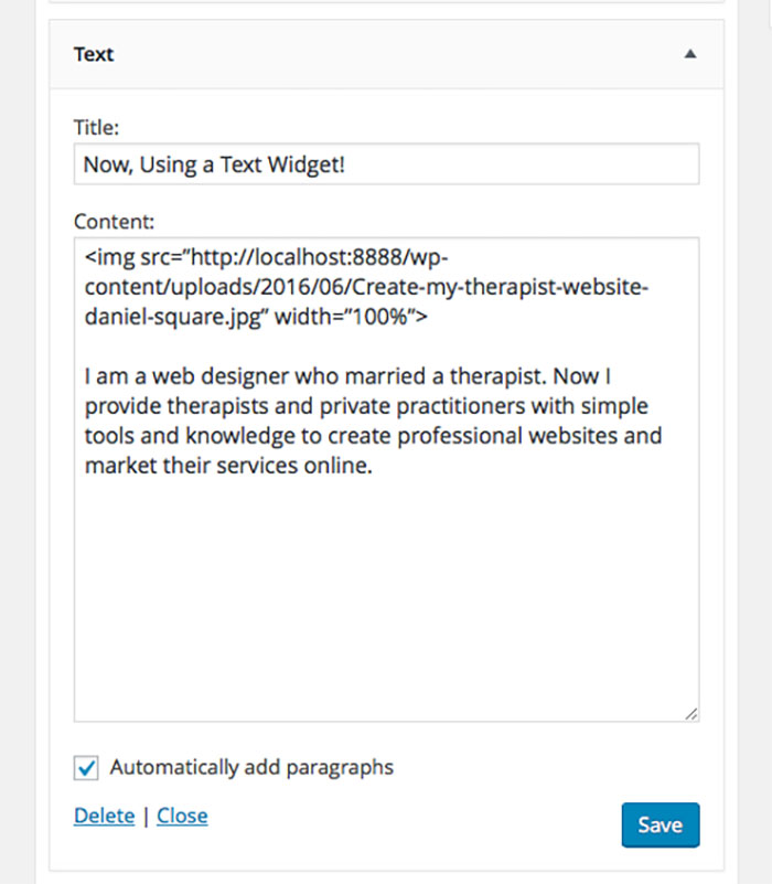 Using text widget for a bio for your therapist website